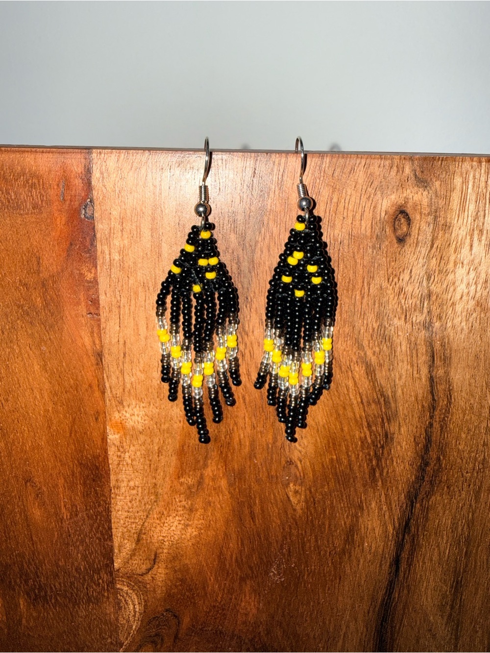 Handmade Black and Yellow Beaded Fringe Earrings